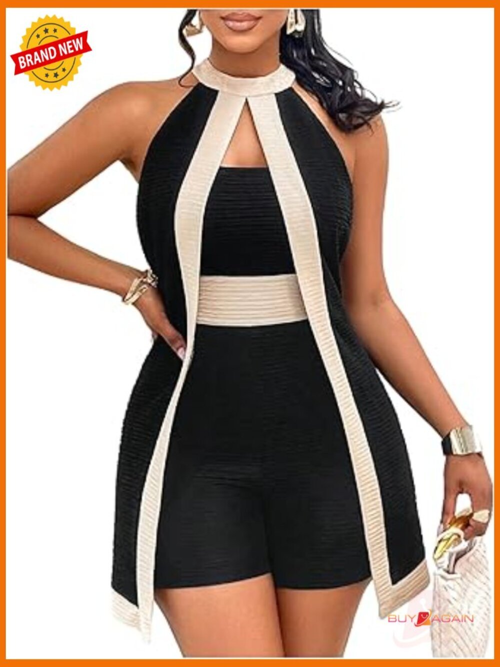 Color Block Halter Romper Sleeveless Split Front Jumpsuit